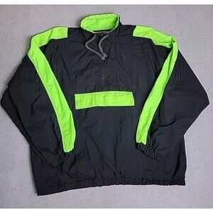 Vtg Express Windbreaker Mens M Black Neon Green Pocket Lightweight Parachute 80s